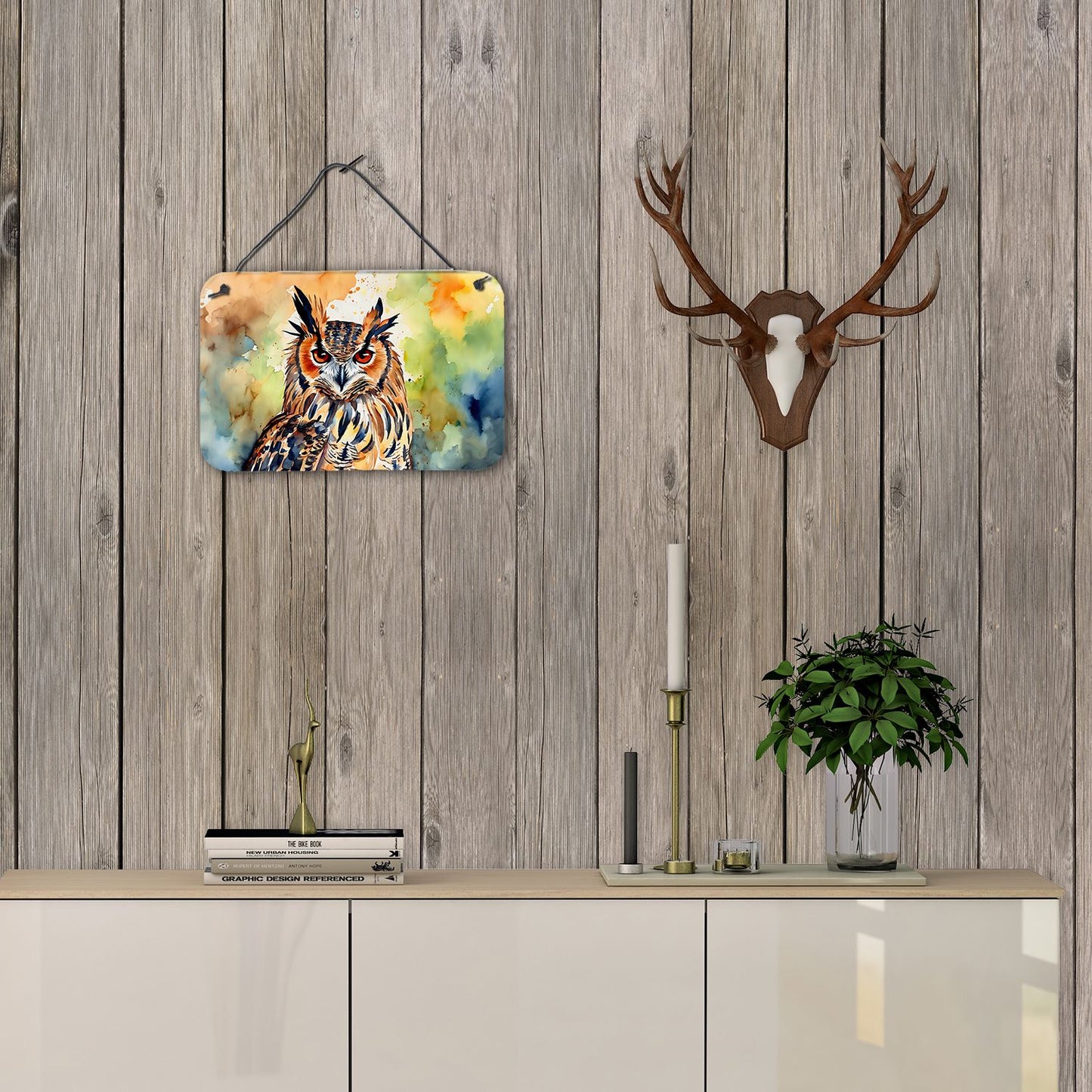 NEW Eurasian Eagle Owl Wall or Door Hanging Prints Aluminum Metal Sign Kitchen Wall Bar Bathroom Plaque Home Decor, 8HX12W, Multicolor