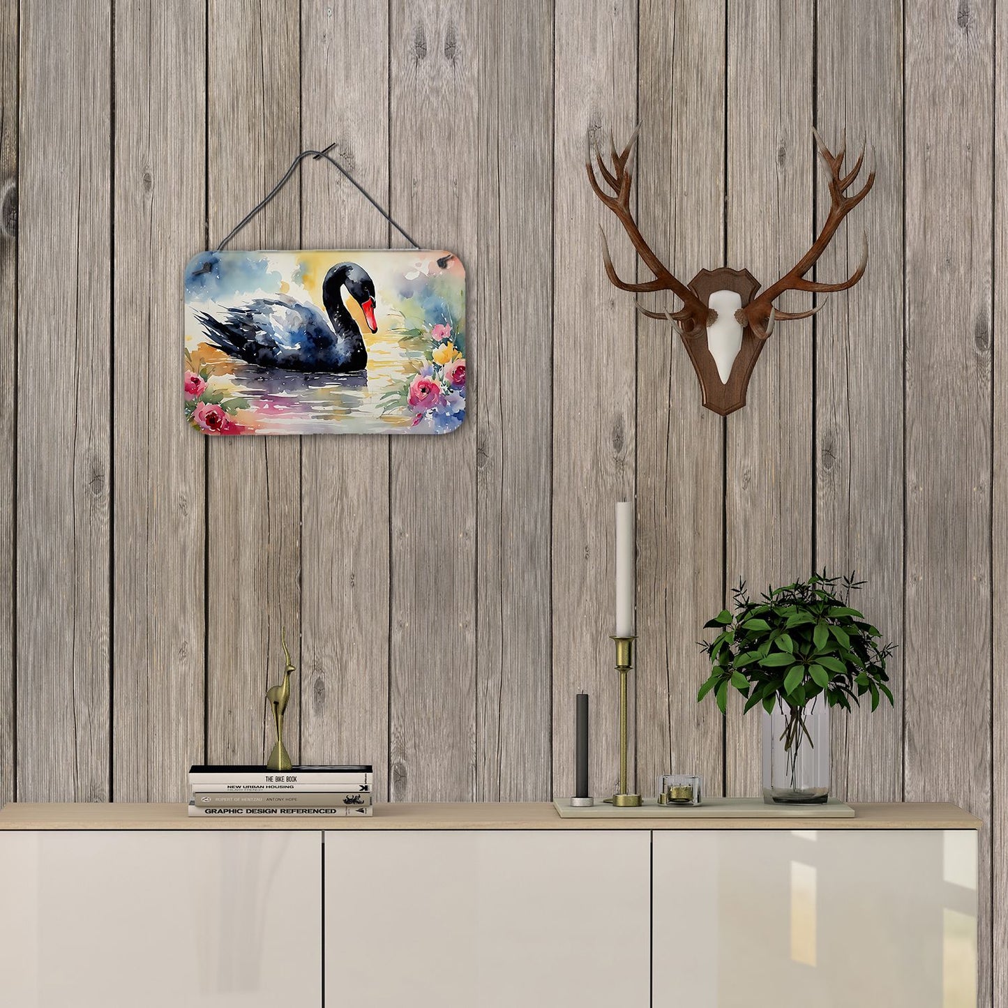 NEW Black Swan Wall or Door Hanging Prints Aluminum Metal Sign Kitchen Wall Bar Bathroom Plaque Home Decor, 8HX12W, Multicolor