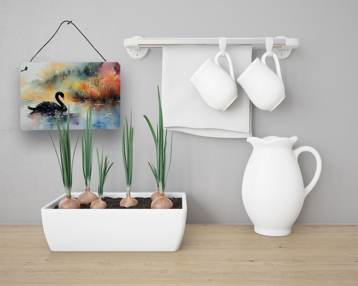 NEW Black Swan Wall or Door Hanging Prints Aluminum Metal Sign Kitchen Wall Bar Bathroom Plaque Home Decor, 8HX12W, Multicolor