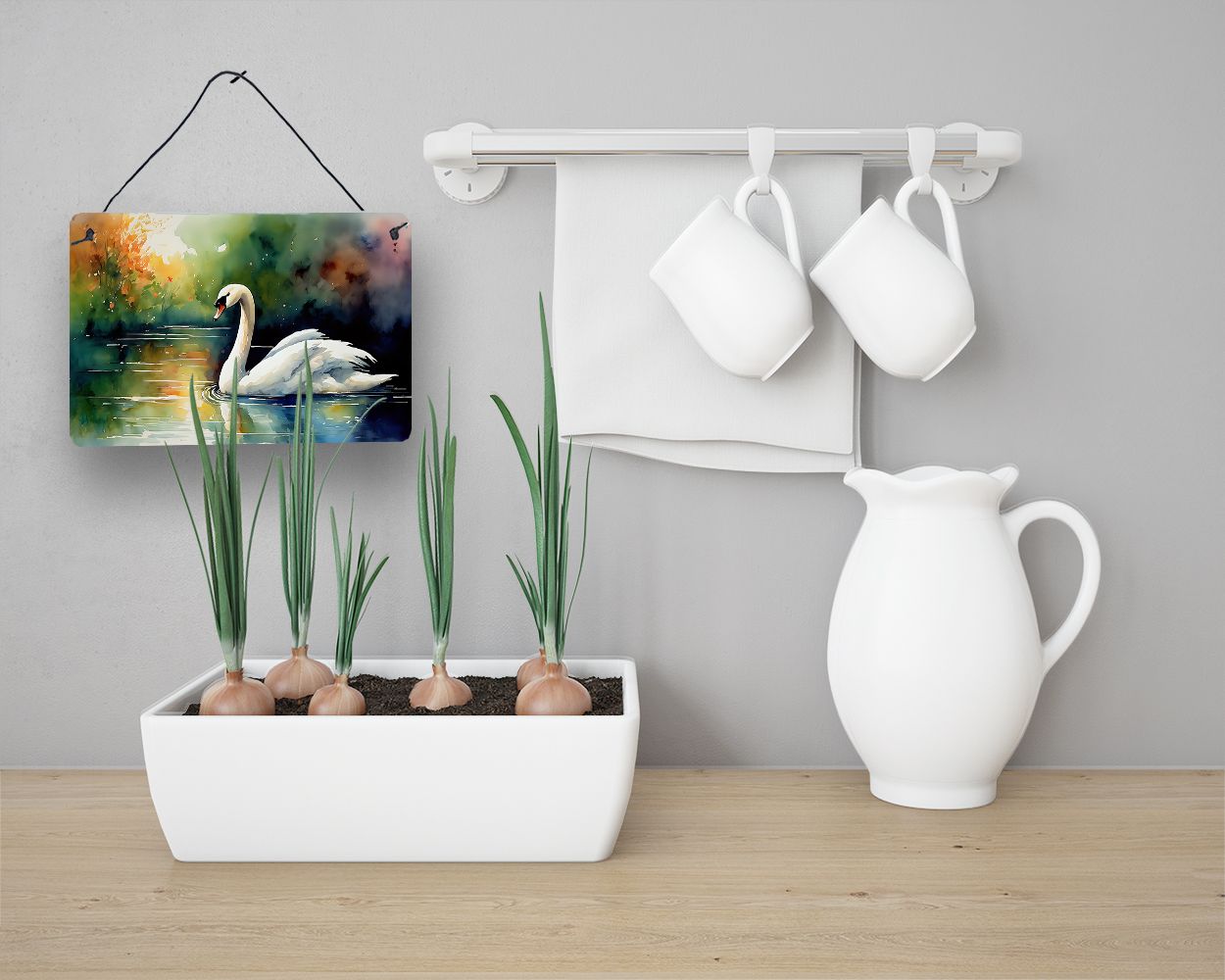NEW Swan Wall or Door Hanging Prints Aluminum Metal Sign Kitchen Wall Bar Bathroom Plaque Home Decor, 8HX12W, Multicolor