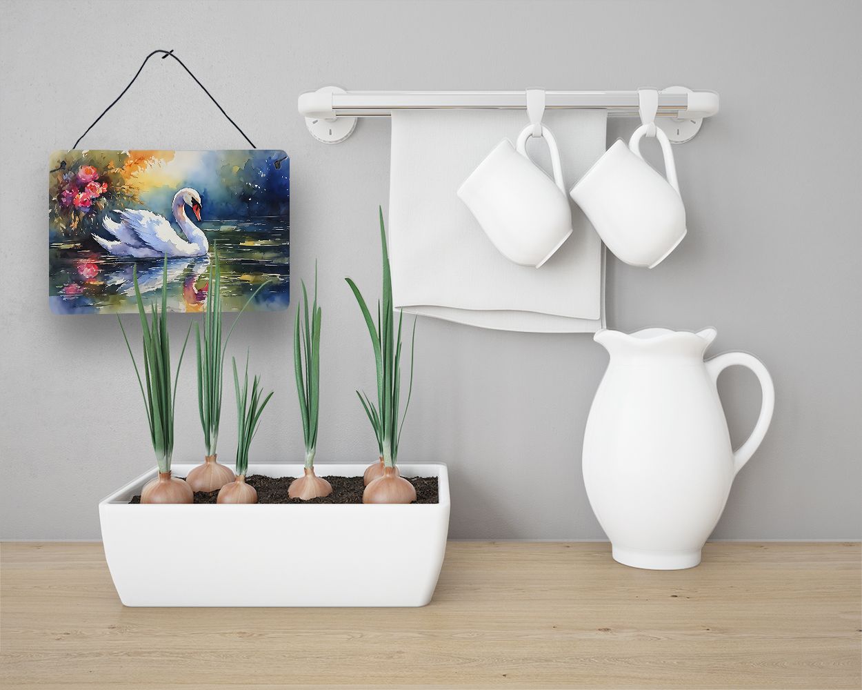 NEW Swan Wall or Door Hanging Prints Aluminum Metal Sign Kitchen Wall Bar Bathroom Plaque Home Decor, 8HX12W, Multicolor
