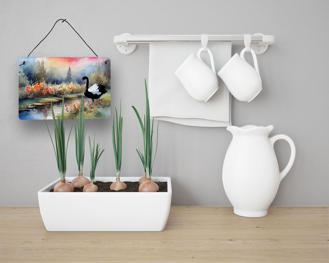 NEW Black Swan Wall or Door Hanging Prints Aluminum Metal Sign Kitchen Wall Bar Bathroom Plaque Home Decor, 8HX12W, Multicolor