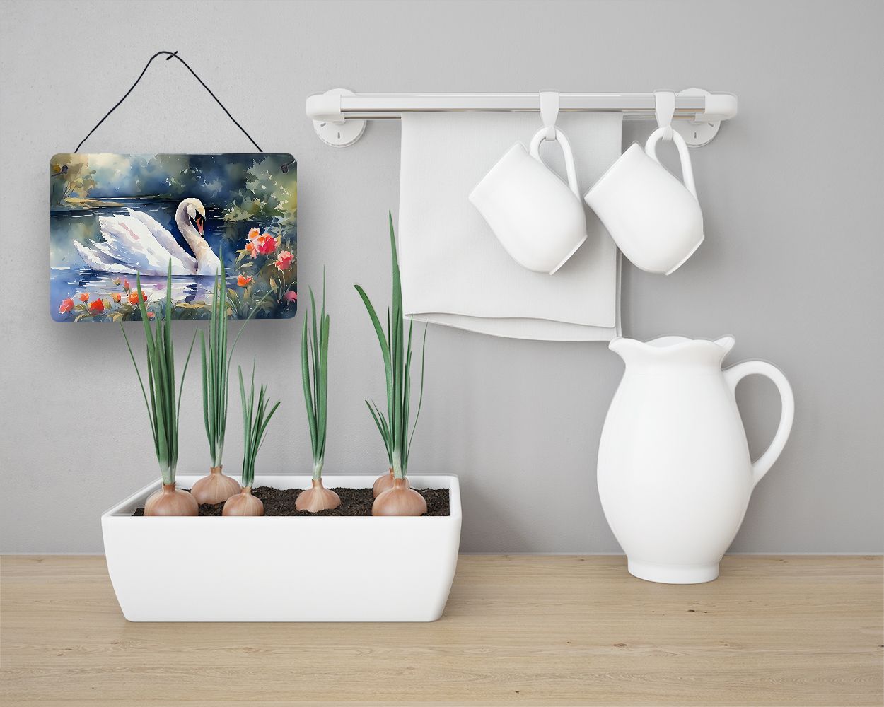 NEW Swan Wall or Door Hanging Prints Aluminum Metal Sign Kitchen Wall Bar Bathroom Plaque Home Decor, 8HX12W, Multicolor