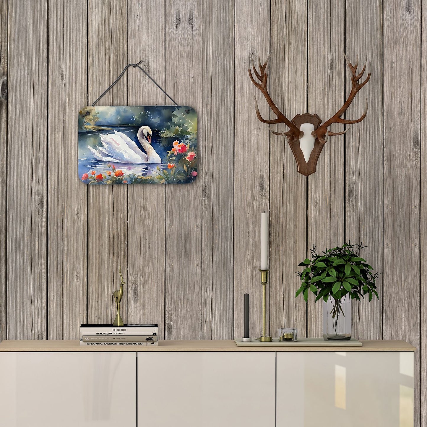 NEW Swan Wall or Door Hanging Prints Aluminum Metal Sign Kitchen Wall Bar Bathroom Plaque Home Decor, 8HX12W, Multicolor