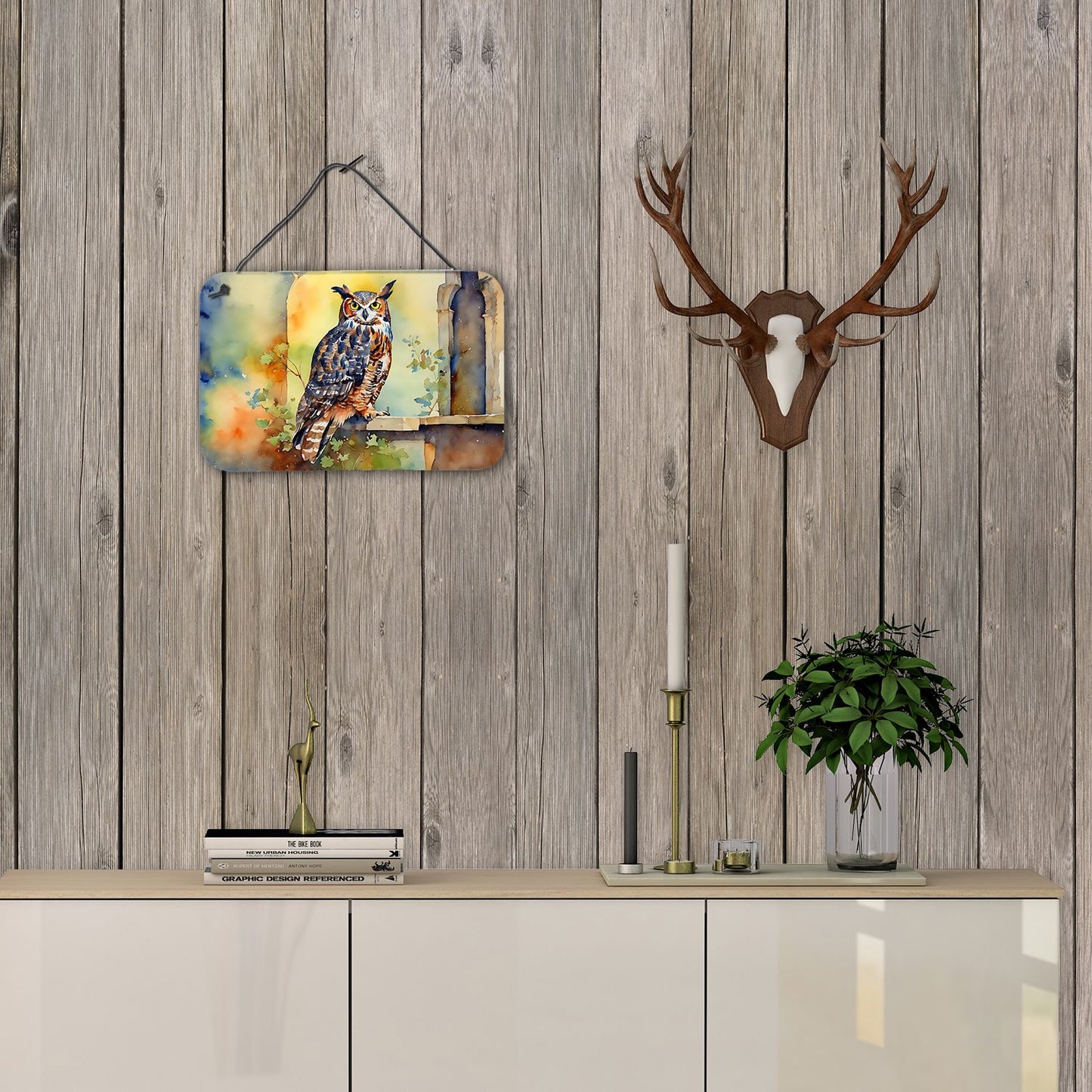 NEW Great Horned Owl Wall or Door Hanging Prints Aluminum Metal Sign Kitchen Wall Bar Bathroom Plaque Home Decor, 8HX12W, Multicolor