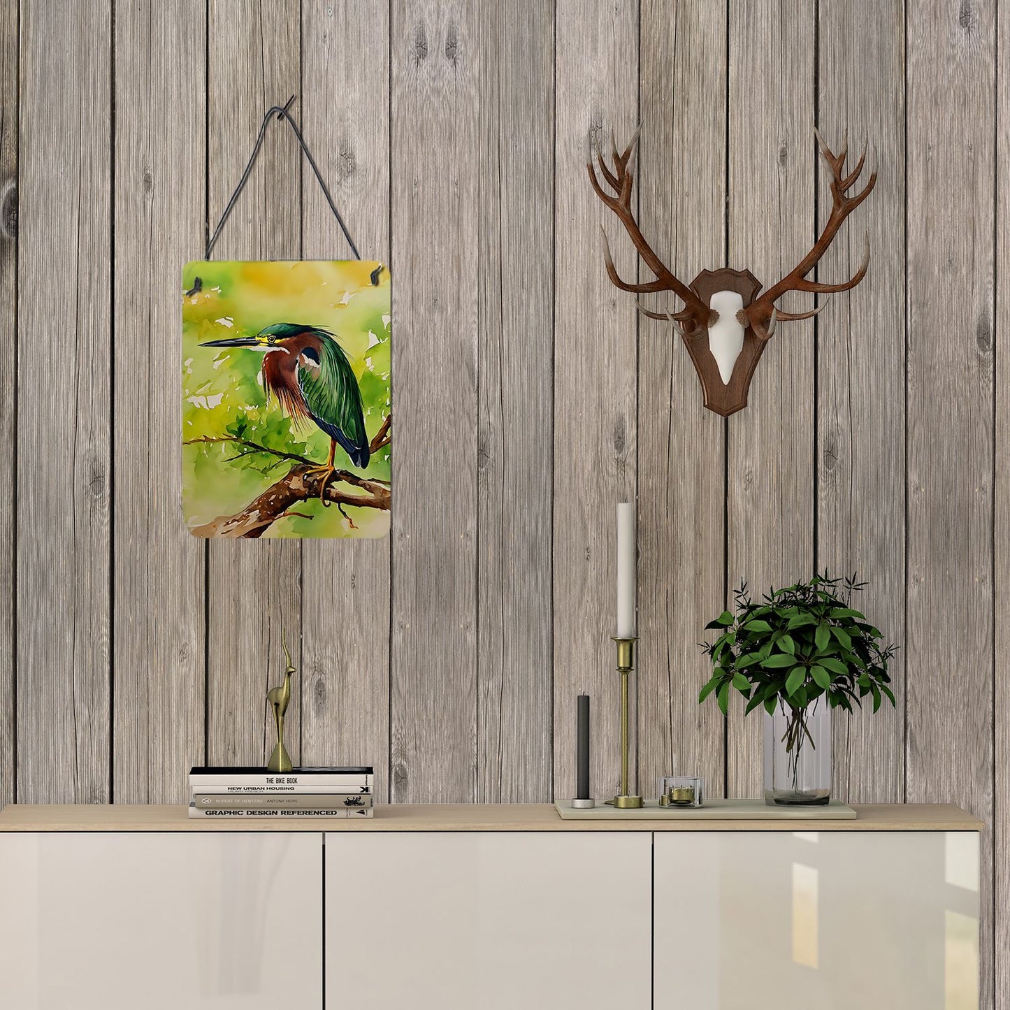 NEW Green Heron Wall or Door Hanging Prints Aluminum Metal Sign Kitchen Wall Bar Bathroom Plaque Home Decor Front Door Plaque, 12x16, Multicolor