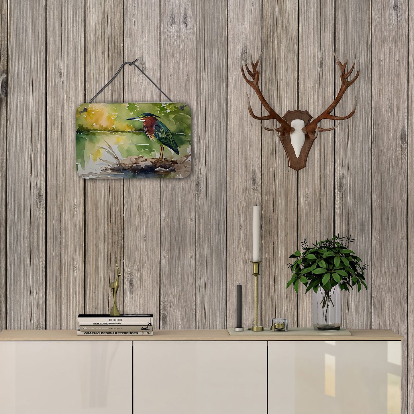 NEW Green Heron Wall or Door Hanging Prints Aluminum Metal Sign Kitchen Wall Bar Bathroom Plaque Home Decor, 8HX12W, Multicolor
