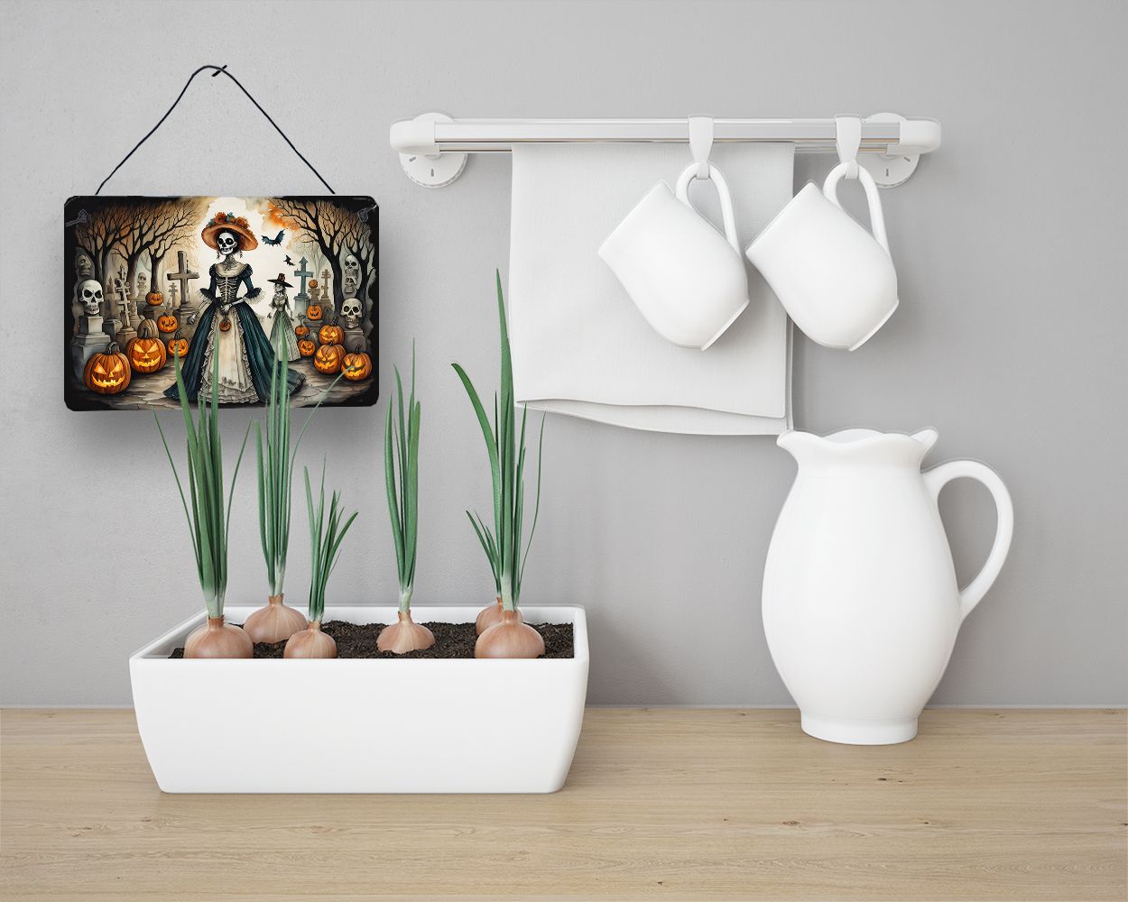 NEW La Catrina Skeleton Spooky Halloween Wall or Door Hanging Prints Aluminum Metal Sign Kitchen Wall Bar Bathroom Plaque Home Decor, 8HX12W, Multicolor