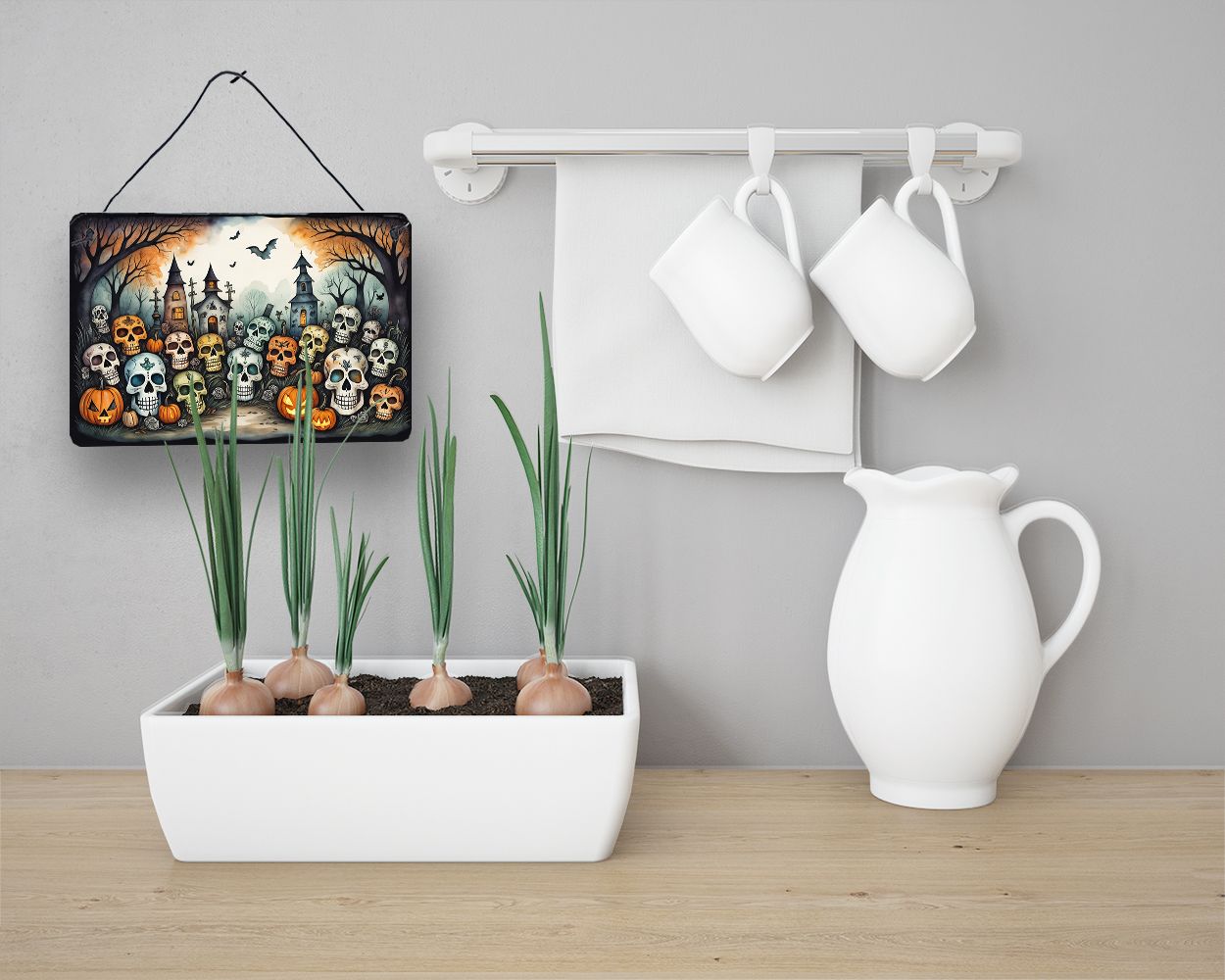 NEW Calaveras Sugar Skulls Spooky Halloween Wall or Door Hanging Prints Aluminum Metal Sign Kitchen Wall Bar Bathroom Plaque Home Decor, 8HX12W, Multicolor