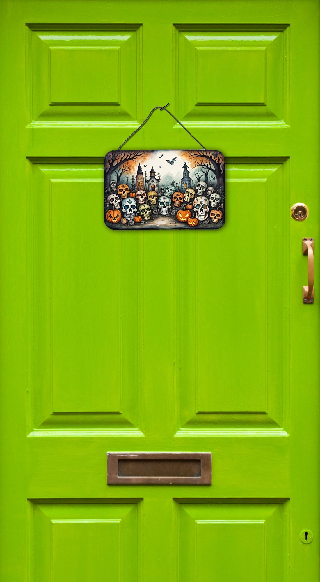 NEW Calaveras Sugar Skulls Spooky Halloween Wall or Door Hanging Prints Aluminum Metal Sign Kitchen Wall Bar Bathroom Plaque Home Decor, 8HX12W, Multicolor