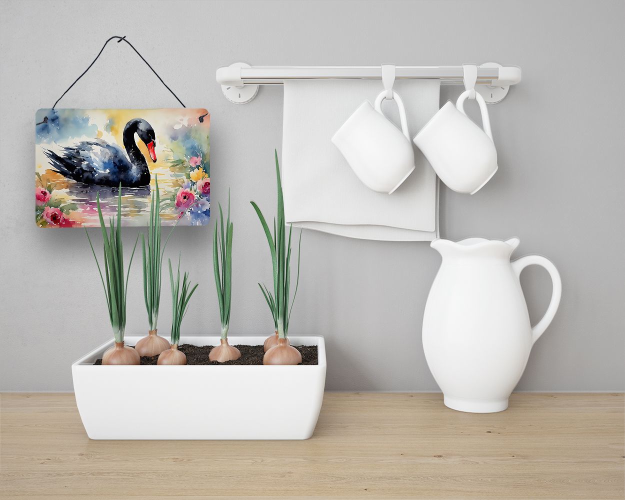 NEW Black Swan Wall or Door Hanging Prints Aluminum Metal Sign Kitchen Wall Bar Bathroom Plaque Home Decor, 8HX12W, Multicolor