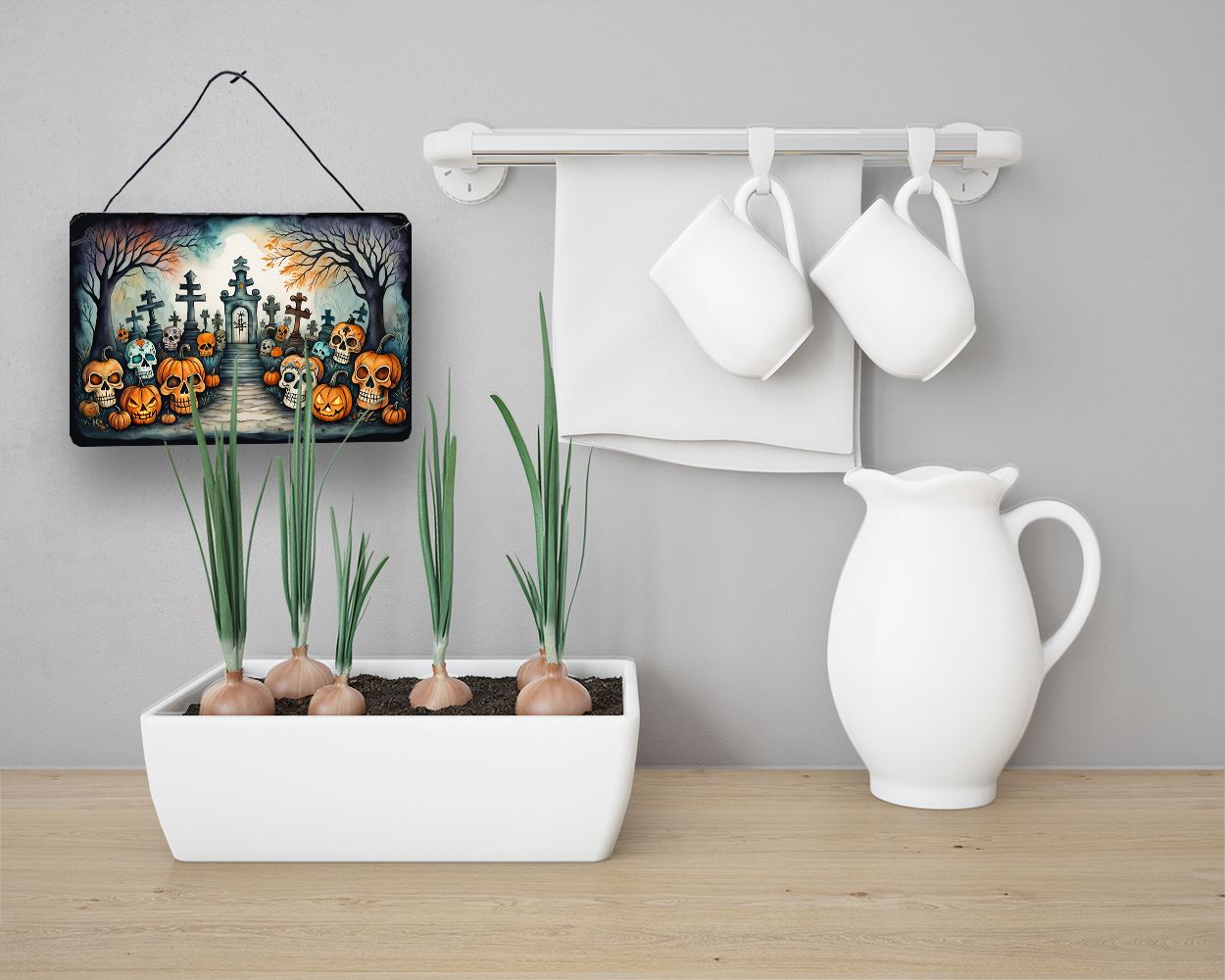 NEW Calaveras Sugar Skulls Spooky Halloween Wall or Door Hanging Prints Aluminum Metal Sign Kitchen Wall Bar Bathroom Plaque Home Decor, 8HX12W, Multicolor