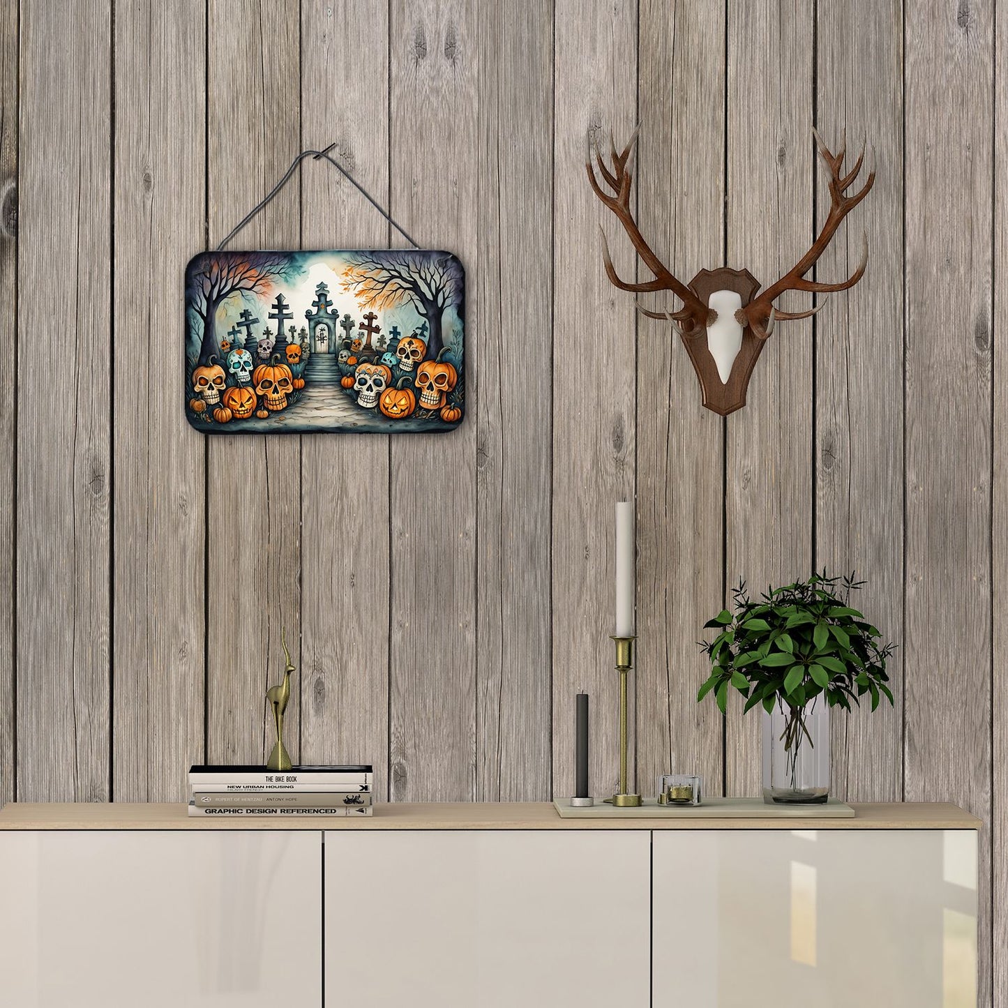 NEW Calaveras Sugar Skulls Spooky Halloween Wall or Door Hanging Prints Aluminum Metal Sign Kitchen Wall Bar Bathroom Plaque Home Decor, 8HX12W, Multicolor